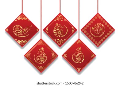 Happy Chinese New year 2020.  Zodiac sign year of the Rat. Set of various rats. Traditional art and style. Calendar design template, invitation and holiday decoration. Isolation. Vector illustration