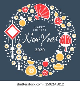 Happy Chinese New Year 2020, wealth and luck symbols, greetings card vector. Gold lucky coins and money sack, flowers and fruits on postcard. Peach and apple, lemon, oriental holiday symbolic objects