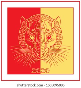 Happy chinese new year 2020 Rat zodiac sign. Stylized sketch animal in zen doodle style. Greeting Christmas card template. Wallpaper, abstract background, holiday banner, tattoo design, textile fabric