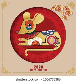Happy Chinese new year 2020. Year of the rat. Colorful hand crafted art paper cut style. Vector illustration EPS10. 