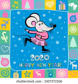 Happy Chinese New Year 2020 year of the rat. Lunar new year. Celebration background with Cute Little Mouse is skating, Christmas tree, snowflakes, gift box, deer, frame and place for your text. Vector