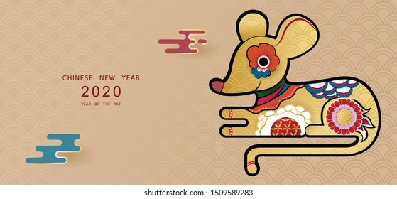 Happy Chinese new year 2020. Year of the rat. Colorful hand crafted art paper cut style. Vector illustration EPS10. 