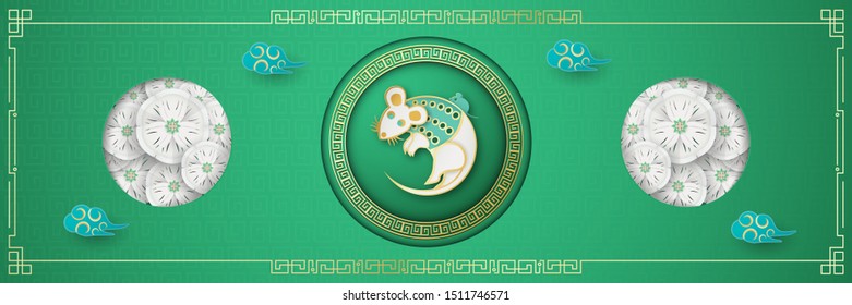 Happy Chinese new year 2020, year of the rat. Template design for cover, invitation, poster, flyer, packaging. Illustration in paper cut and craft. (Chinese translation: Happy Chinese New Year)