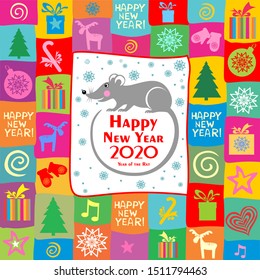 Happy Chinese New Year 2020 year of the rat. Lunar new year. Celebration background with Cute Little Mouse, Christmas tree, snowflakes, gift box, deer, frame and place for your text. Vector