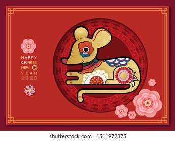 Happy Chinese new year 2020. Year of the rat. Colorful hand crafted art paper cut style. Vector illustration EPS10. 