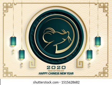 Happy chinese new year 2020 year of the Rat, red and gold paper cut rat character, flower and asian elements with craft style on background (Translation : happy chinese new year 2020, year of the rat)