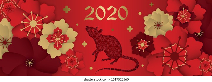 Happy chinese new year 2020. Banner card year of the rat. gold and red vector graphic and background