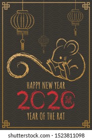 Happy chinese new year 2020, Year of the rat. Hand drawn Calligraphy Rat. Vector illustration. Translation: Happy new year, Rat.