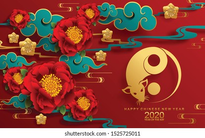 Happy chinese new year 2020 year of the rat ,paper cut rat character,flower and asian elements with craft style on background. 
(Chinese translation : Happy chinese new year 2020, year of rat)