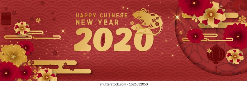 Happy Chinese New Year 2020 year of the rat paper cut style. Chinese characters mean Happy New Year, wealthy, Zodiac sign for greetings card, flyers, invitation, posters, brochure, banners, calendar.