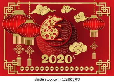 Happy chinese new year 2020 Zodiac sign with gold paper cut art and craft style. Zodiac sign for greetings card, flyers, invitation, posters, brochure, banners, calendar. Vector illustration