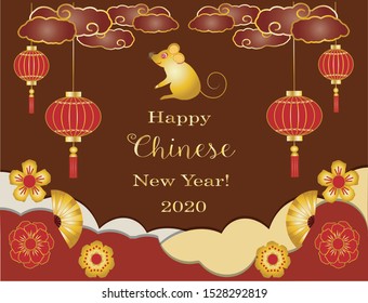 Happy Chinese New Year 2020 with Metal Rat symbol. Holiday banner, greeting card. Vector illustration