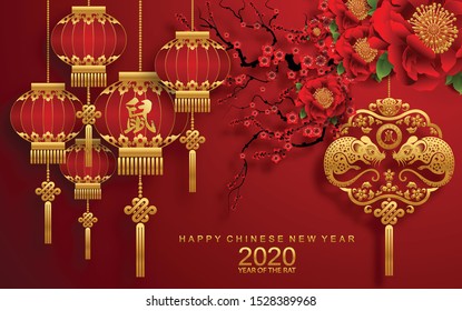 Happy chinese new year 2020 year of the rat ,paper cut rat character,flower and asian elements with craft style on background. 
(Chinese translation : Happy chinese new year 2020, year of rat)