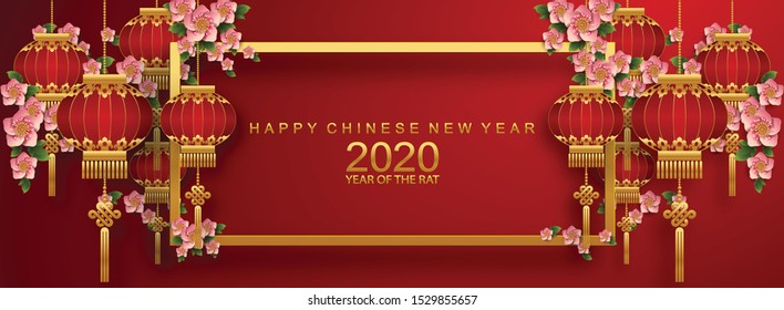 Happy chinese new year 2020 year of the rat ,paper cut rat character,flower and asian elements with craft style on background. 
(Chinese translation : Happy chinese new year 2020, year of rat)