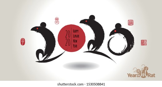 Happy Chinese New Year 2020, Year of the rat with calligraphy brushwork style for greetings card, flyers, invitation, posters, brochure, banners, calendar. Chinese meaning: happiness, rat, auspicious.