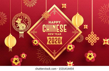 Happy Chinese New Year 2020 celebration greeting card design decorated with hanging rat zodiac sign, paper cut lanterns and flowers on red seamless circle wave background.