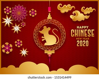 Happy Chinese New Year 2020 celebration greeting card design with holding rat zodiac sign, paper cut flowers and clouds decorated on stylish red seamless square pattern background.