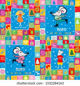 Happy Chinese New Year 2020 year of the rat. Lunar new year. Celebration background with Cute Little Mouse is skating, Christmas tree, snowflakes, gift box, deer, frame and place for your text. Vector