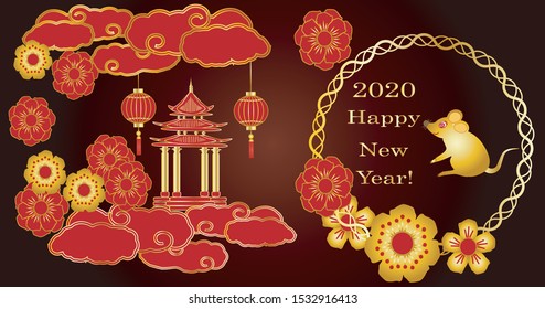 Happy Chinese New Year 2020 with Metal Rat symbol. Holiday banner, greeting card. Vector illustration