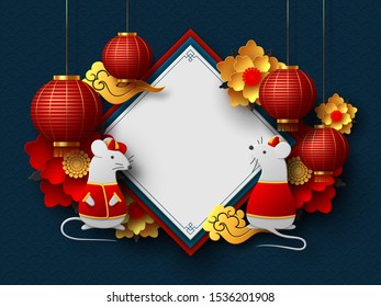 Happy Chinese New Year 2020. Papercut clothed rat character, flowers, clouds and hanging lanterns. Dark traditional chinese background. Copy space. Vector.