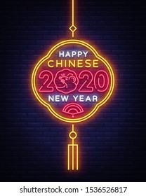 Happy Chinese New Year 2020 year of the rat greeting card in neon style. Chinese New Year Design Template, Zodiac sign for greetings card, flyers, invitation, posters, brochure, banners. Vector