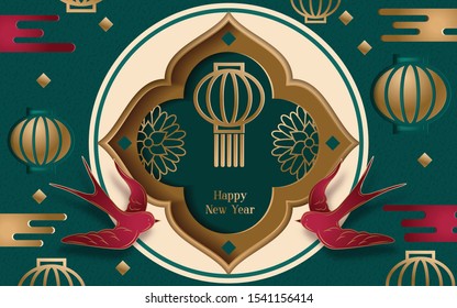 Happy Chinese New Year 2020 year of the rat paper cut style. Translation : Happy New Year. Vector illustration