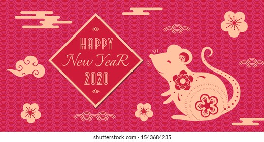 Happy Chinese New Year 2020 celebration banner with rat, clouds, flowers on traditional ornament for holiday card, invitation, party poster, flyer, decor element. Paper flat style. Vector 10 eps
