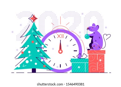 Happy Chinese New Year 2020. Year of the Rat. Chinese zodiac symbol of 2020 flat vector Design. Steel character rat prepares for the celebration of the new year, puts gifts under the Christmas tree.