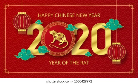 Happy Chinese New Year 2020 year of the rat paper cut style. Can be used for greetings card, flyers, invitation, posters, brochure, banners, calendar.