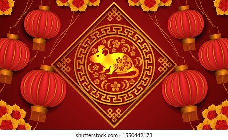 Happy chinese new year. 2020 year of rat or mouse. zodiac tradition golden pattern with flower. 3D hanging red lantern and flower. good fortune and lucky