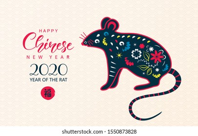 Happy Chinese New Year 2020. Year of the Rat. Chinese zodiac symbol of 2020 Vector Design. Chinese Translation FU it means blessing and happiness