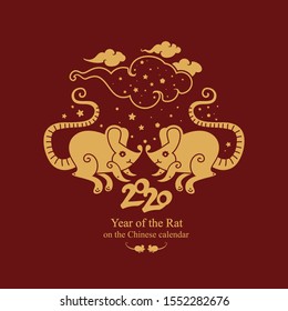 Happy Chinese New Year 2020 year of the rat. Two rats under the starry sky golden pattern on a burgundy background. lunar new year 2020. Zodiac sign for greetings card, invitation, posters, banners, c