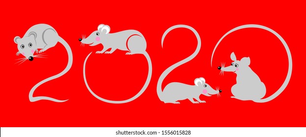 Happy chinese new year 2020. Greeting card. Celebration red background with Rat and place for your text. Winter holiday. Art design celebrate party invitation template. Modern Flat Design Mouse Icon