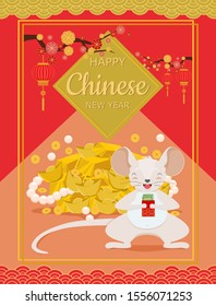 Happy Chinese new year 2020 greeting card with rat zodiac. Little mouse with red envelope on background of gold, pearl and money.