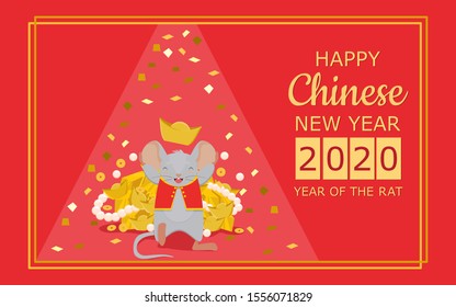 Happy Chinese new year 2020 greeting card with rat zodiac. Little mouse in costume blessing you a happiness, lucky and wealthy with gold, pearl and money.