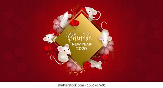 Happy Chinese New Year 2020. Six rats on golden signboard. White mouses, red lanterns, red and pink flowers, dots, red background. For greeting card, invitations, poster, banner. Vector illustration.