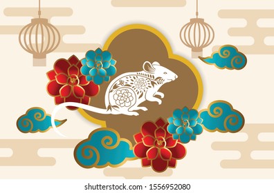 Happy Chinese New Year 2020 year of the rat paper cut style. Chinese characters mean Happy New Year, wealthy. lunar new year 2020. Zodiac sign for greetings card,invitation,posters,banners,calendar