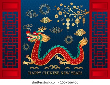 Happy Chinese New Year 2020. Template banner, poster, greeting cards. Sakura, Chinese golden dragon, lantern, flowers. traditional asian vector illustration