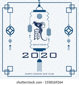 Happy chinese new year 2020 Zodiac sign, year of the rat, with white rat paper cut art and craft style on blue color background with blue frame ( Chinese Translation : happy new year, year of rat)