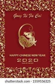 Happy chinese new year 2020 year of the Rat, red and gold paper cut rat character, flower and asian elements with craft style on background (Translation : happy chinese new year 2020, year of the rat)