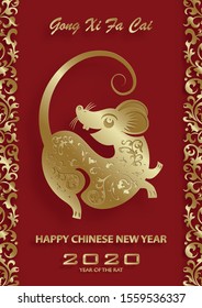 Happy chinese new year 2020 year of the Rat, red and gold paper cut rat character, flower and asian elements with craft style on background (Translation : happy chinese new year 2020, year of the rat)