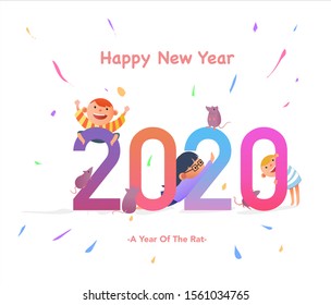 Happy Chinese new year 2020 , year of rat , Cute Rat , happy boy and girl standing in colorful 2020 text. vector illustration