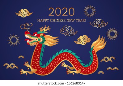 Happy Chinese New Year 2020. Template banner, poster, greeting cards. Sakura, Chinese golden dragon, lantern, flowers. traditional asian vector illustration