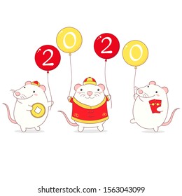 Happy chinese new year 2020 - year of the white rat. Three cute rats in kawaii style witn balloons. EPS8