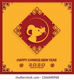 Happy chinese new year 2020 year of the Rat, red and gold paper cut rat character, flower and asian elements with craft style on background (Translation : happy chinese new year 2020, year of the rat)