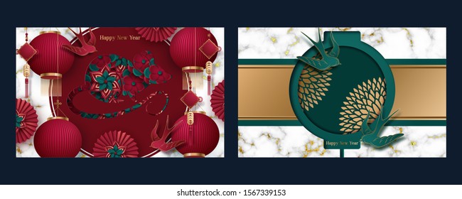 Happy Chinese new year 2020 flower and elements with craft style. Translation : Happy New Year. Vector illustration
