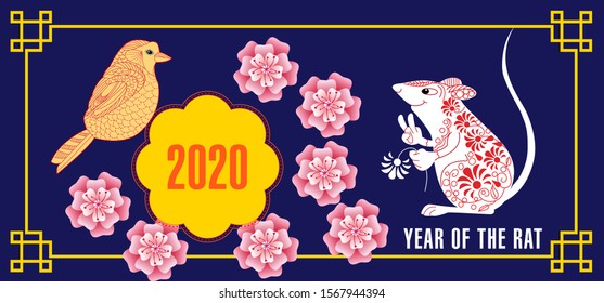 Happy Chinese new year 2020. Year of the rat. Cute Rat and Chinese words design for greetings card, flyers, invitation, brochure, banners. Chinese Translation: Happy Chinese new year 