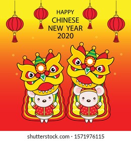 Happy Chinese New Year 2020.The year of the rat. Happy rat performing lion dance.