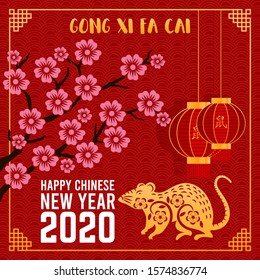 Happy Chinese New Year 2020 greeting card background and banner with red and gold color as year of golden rat