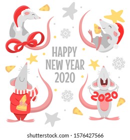 Happy Chinese new year 2020 of the rat zodiac. Set of cute little cartoon rats isolated on white background. Vector illustration